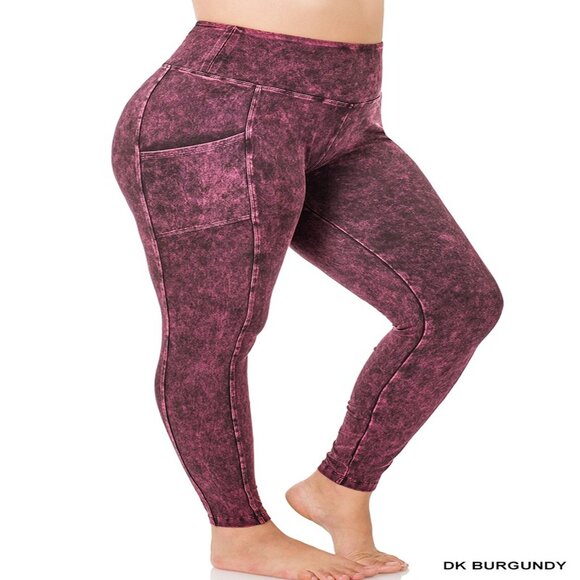 PLUS MINERAL WASH WIDE WAISTBAND FULL LENGTH LEGGINGS W/POCKETS 1X & 2X BURGUNDY - Picture 1 of 2